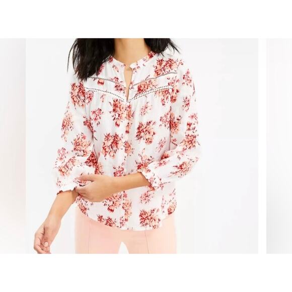 Loft White Floral Lightweight Cotton Button Front Gauzy Breezy Top Lace Medium - Picture 1 of 8